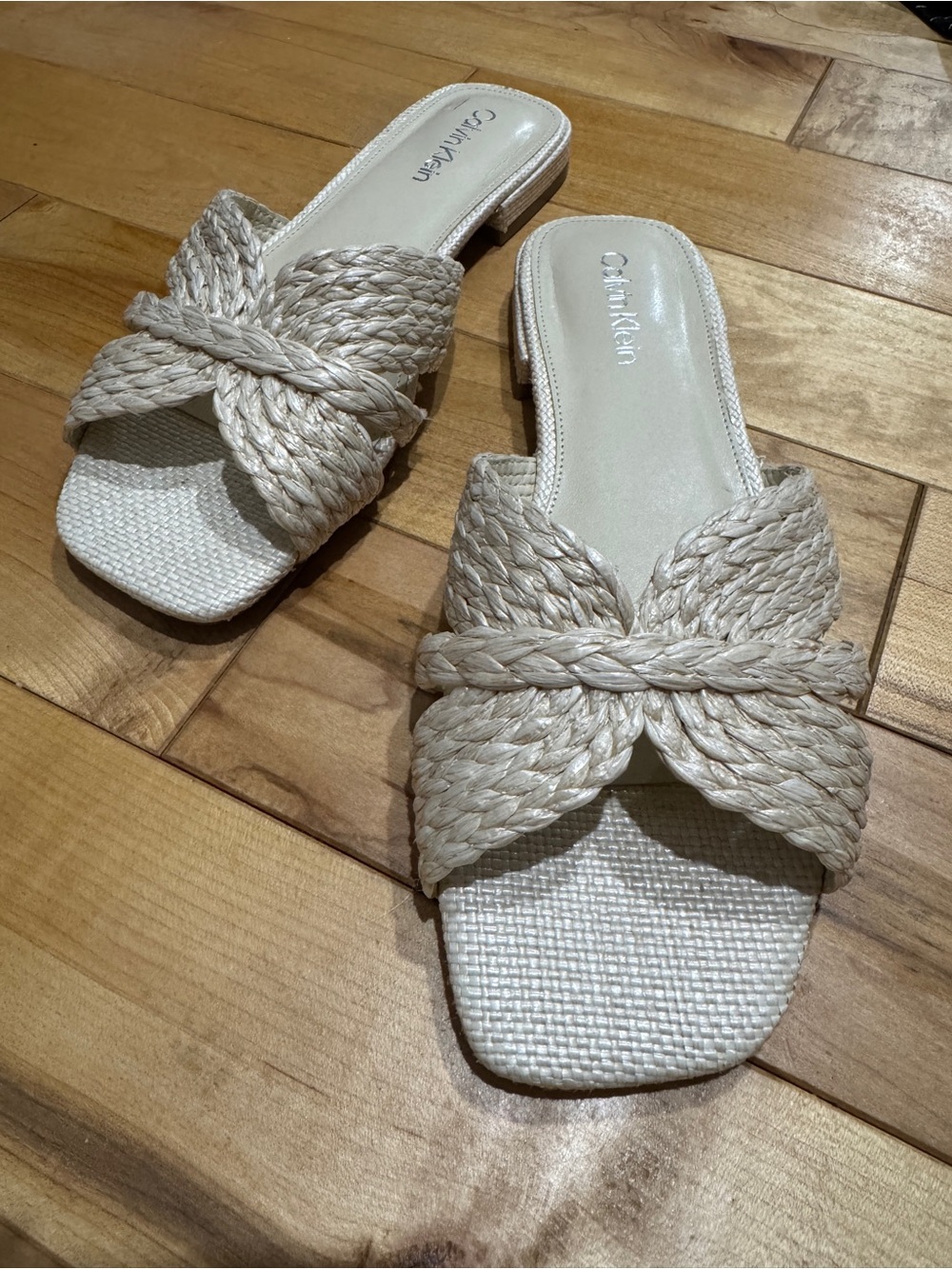 Calvin Klein Women's Cream Straw Woven Braided Slide Mule Sandals